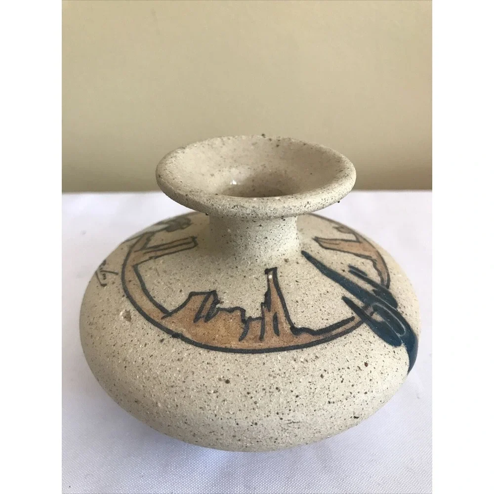 Vtg Signed Sand Pottery Bud‎ Vase Butte Mesas Pueblo Enameled